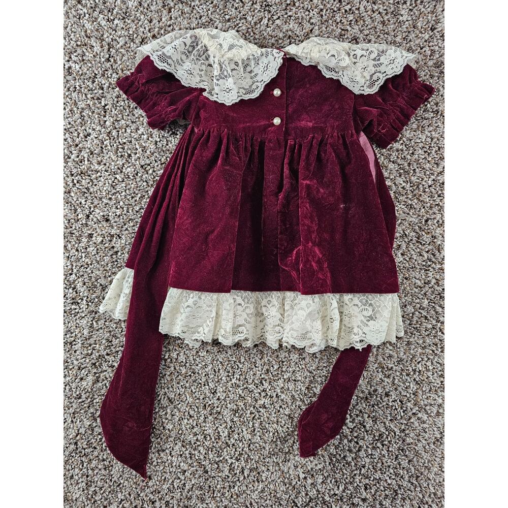 Vintage Sarah Kent Baby Girls Sz 12M Formal Victorian Style Dress Burgundy Lace - Picture 5 of 5